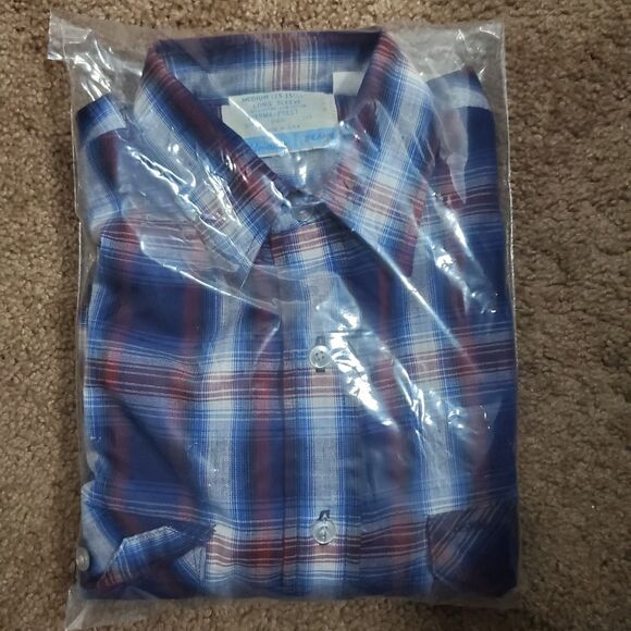 Vintage Sears Fieldmaster Shirt Mens Medium Blue Plaid Flannel Perma Prest 80s - Picture 14 of 14